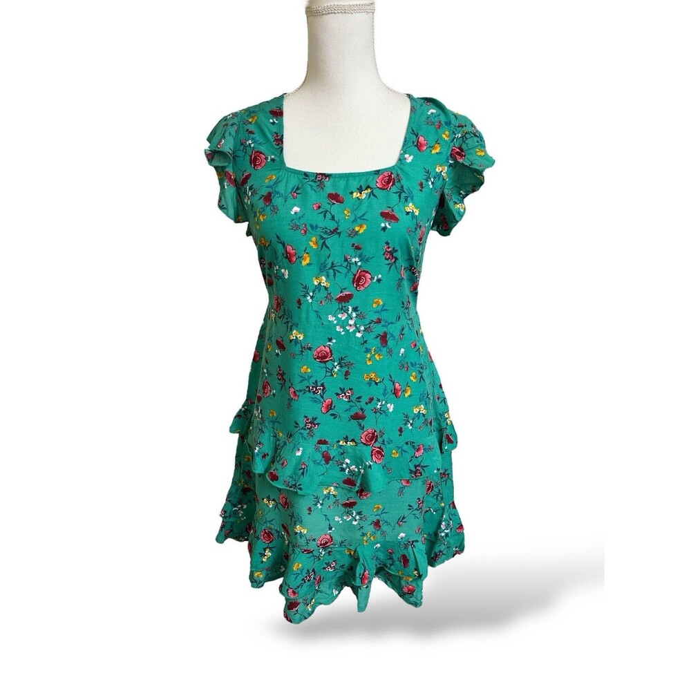 Lottie & Holly Women's M B.O.G Collective Green Floral Ruffle Dress Boho Gypsy